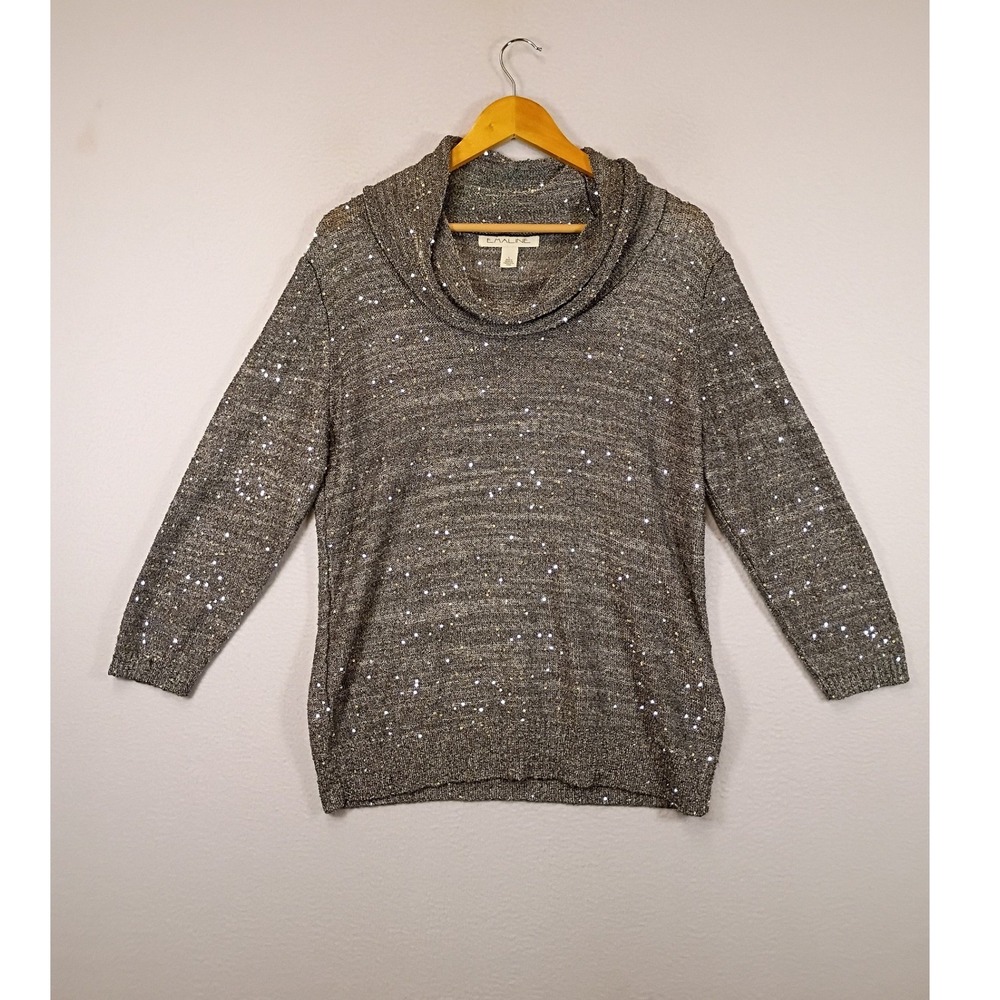 Holiday Glam Emaline Womens Large Silver Sequin Cowl Neck Metallic Knit Sweater